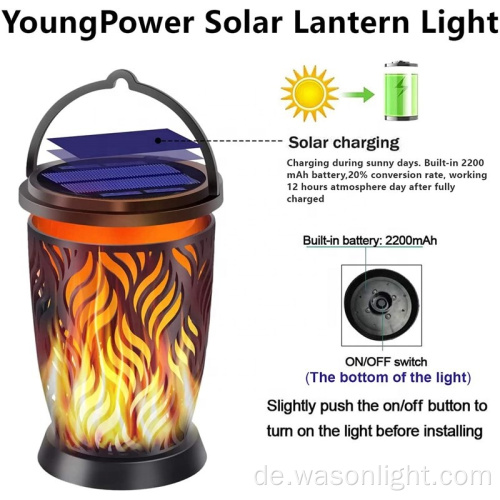 Outdoor Hanging Solar Lantern Flackering Flame Solar Torch Light wasserdichte LED Flamme Regenschirm Licht Landschaft dekoratives Licht